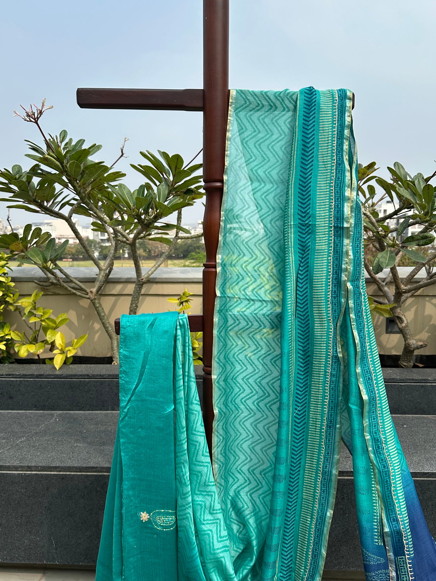 Blue-Sea Green Block Print Chanderi Saree With Kaantha Stitch