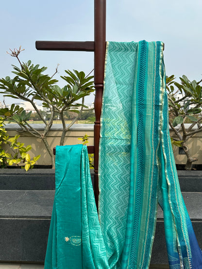 Blue-Sea Green Block Print Chanderi Saree With Kaantha Stitch