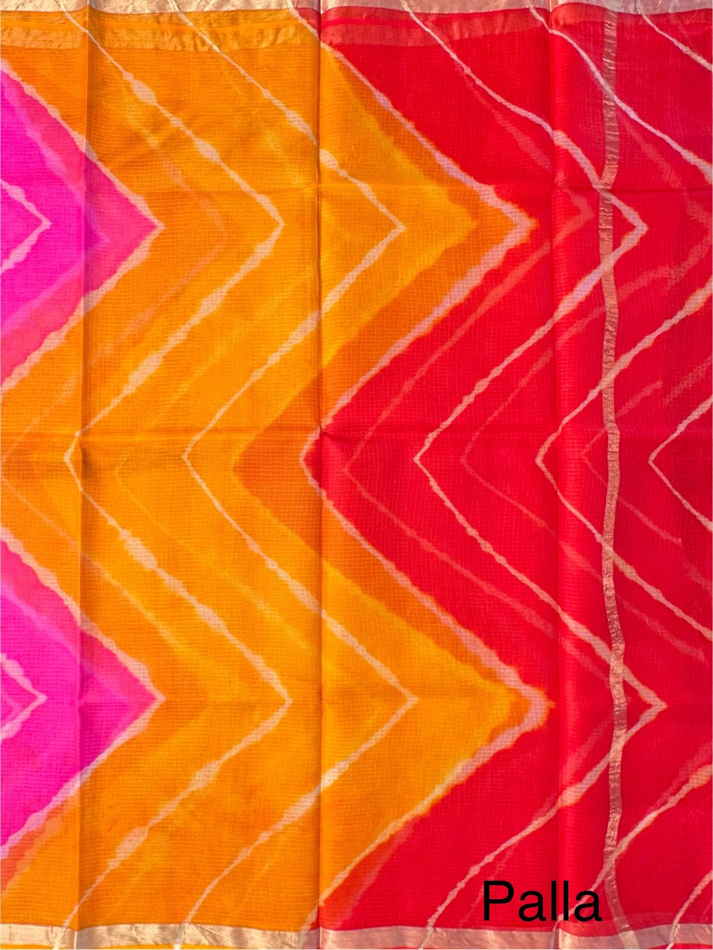 Pink-Rani-Yellow Leheriya Kota Doria Pure Silk Saree