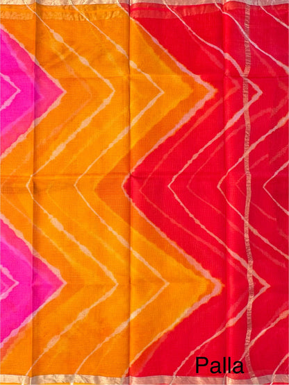 Pink-Rani-Yellow Leheriya Kota Doria Pure Silk Saree