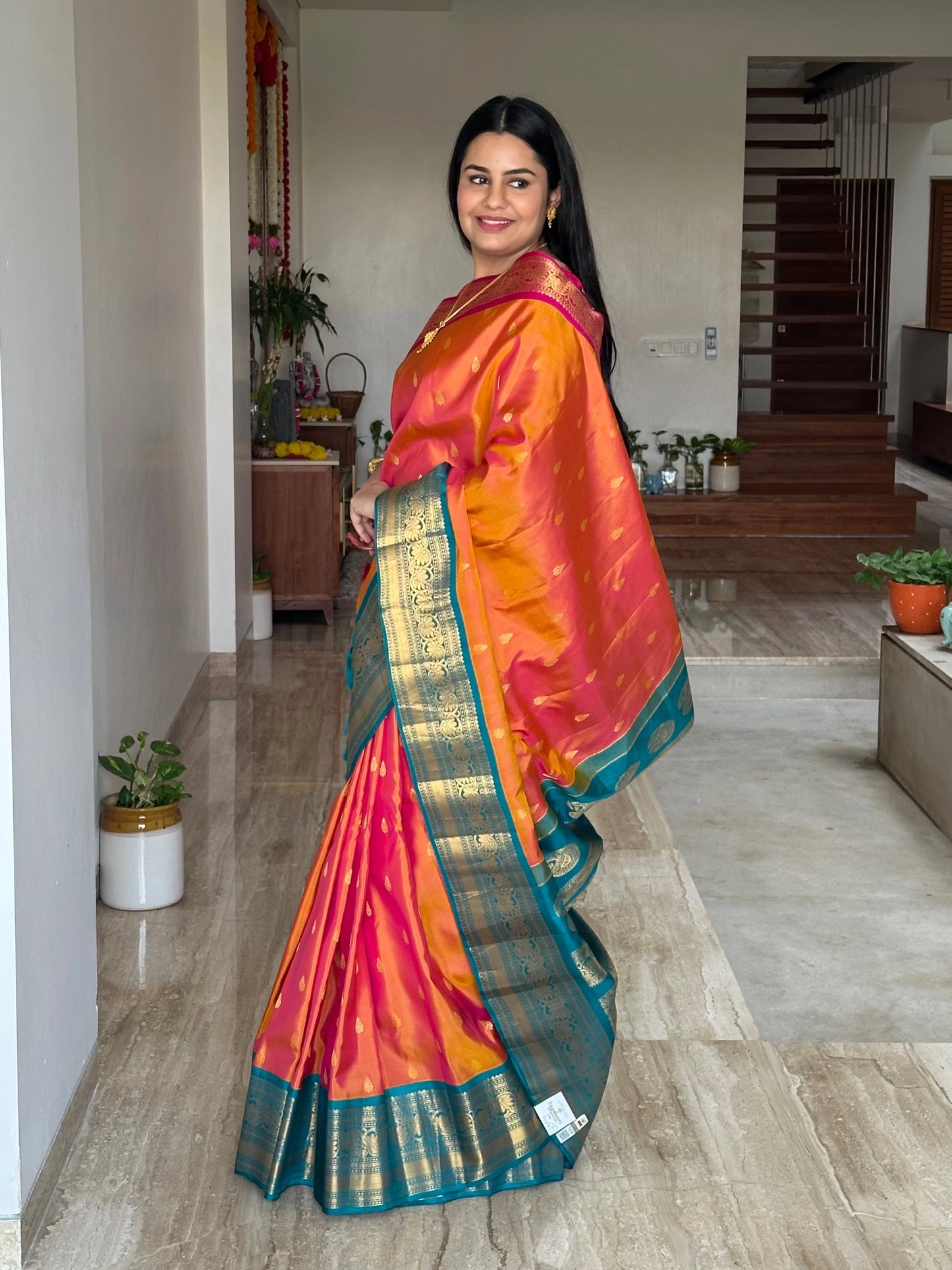 Orange-Rama Green Gadwal Pure Silk Saree