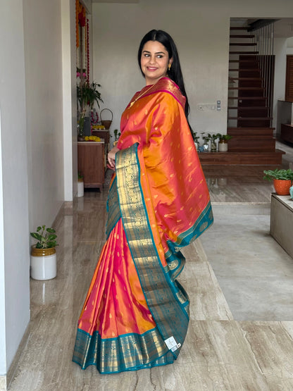 Orange-Rama Green Gadwal Pure Silk Saree
