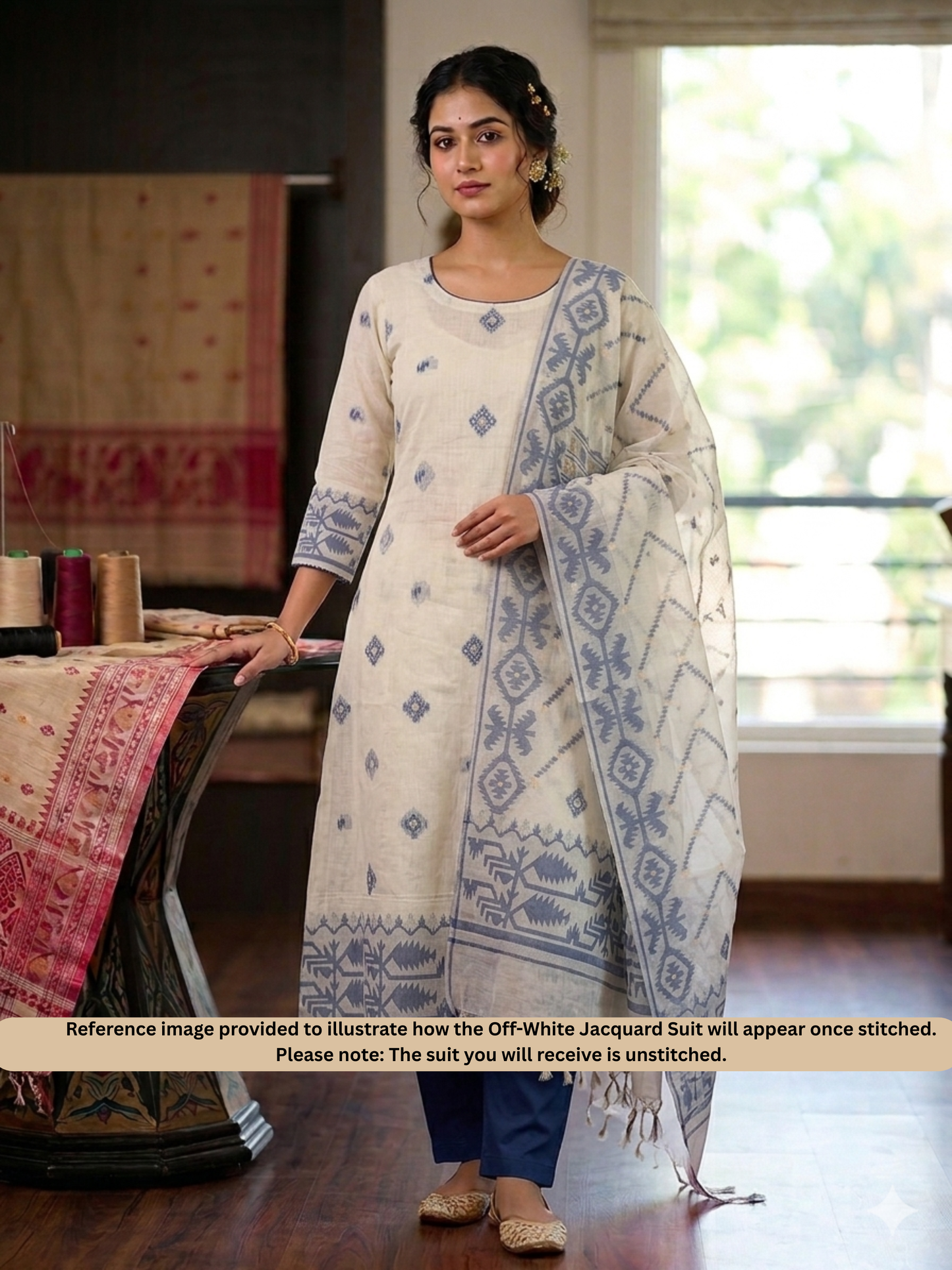 Off White-Blue Jacquard Unstitched Cotton Suit