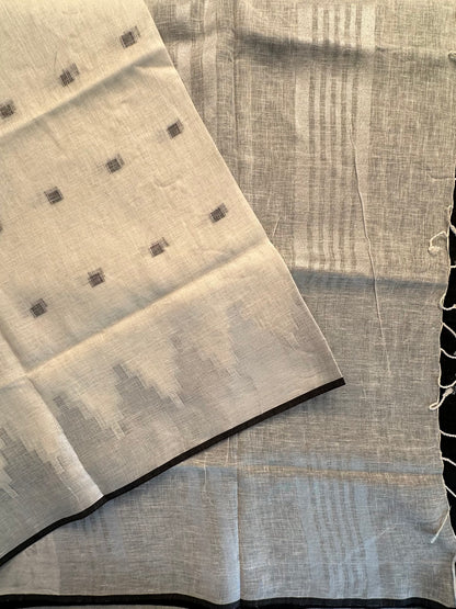 Off White-Grey Linen Saree