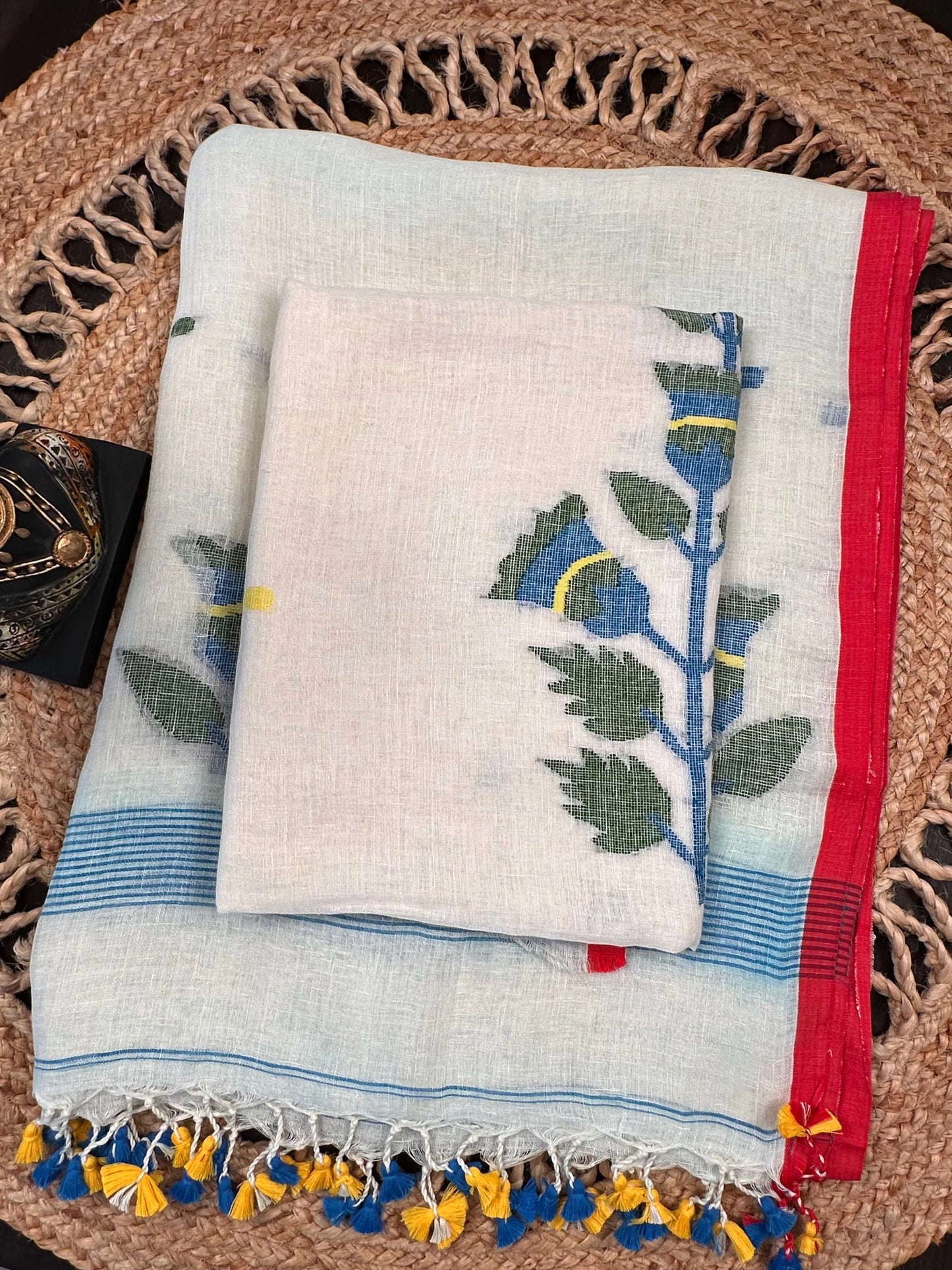 Off White Linen Dhakai 2 Piece Kurta Dupatta Unstitched Set
