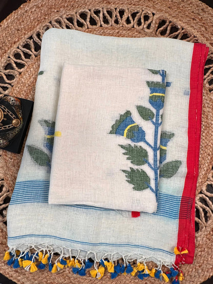 Off White Linen Dhakai 2 Piece Kurta Dupatta Unstitched Set