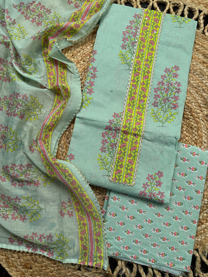 Pista Green  Jaipuri Necktie Cotton 3-Piece Suit