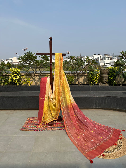 Yellow-Red Block Print Chanderi Saree With Kaantha Stitch