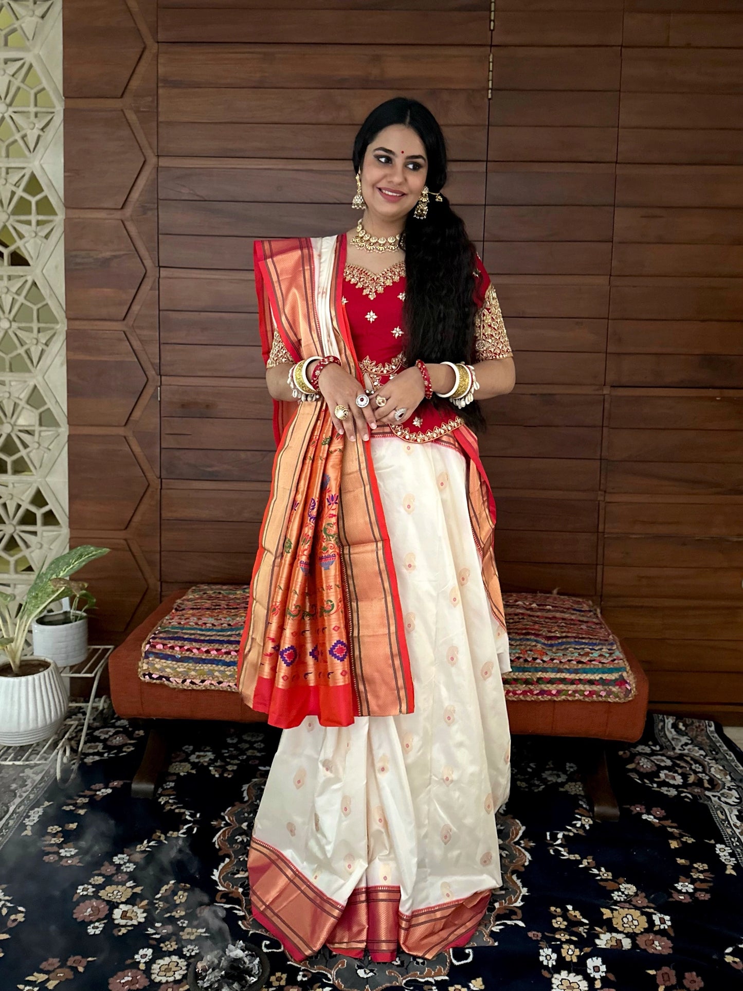 Off White-Red Paithini Silk Saree