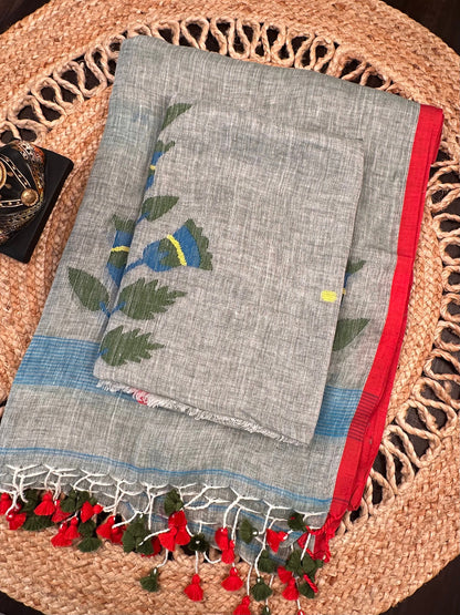 Gray Linen Dhakai 2 Piece Kurta Dupatta Unstitched Set