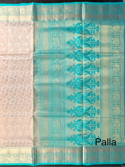 Cream-Sea Green Handloom Kanjivaram Jamawar Pure Silk Saree
