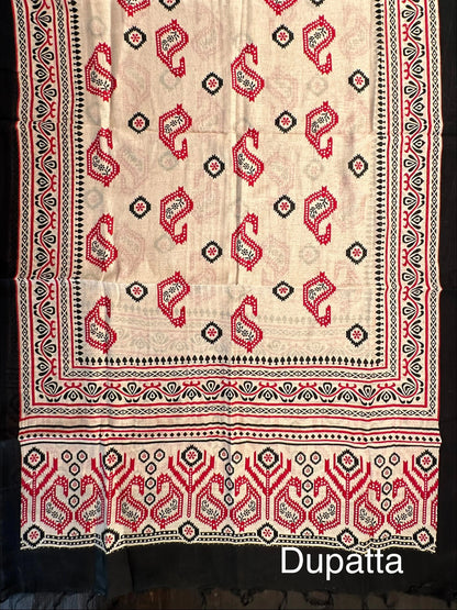 Black-Red Printed Chanderi 3-Piece Unstitched Suit