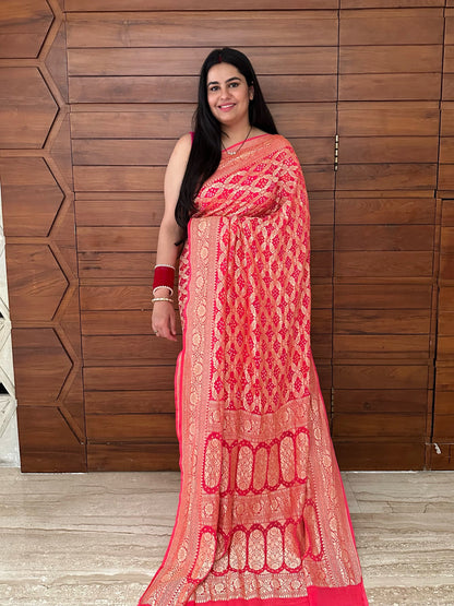Coral Pink Gharchola Bandhej Pure Georgette Saree