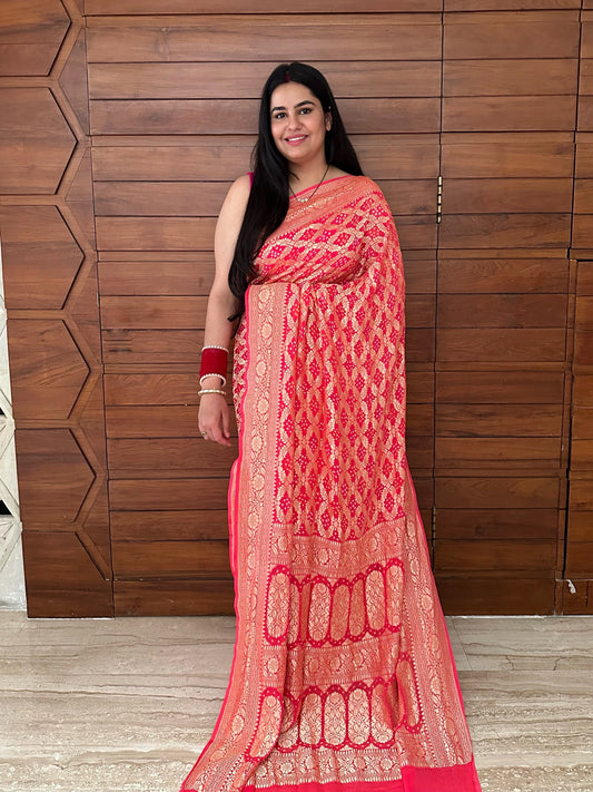 Coral Pink Gharchola Bandhej Pure Georgette Saree