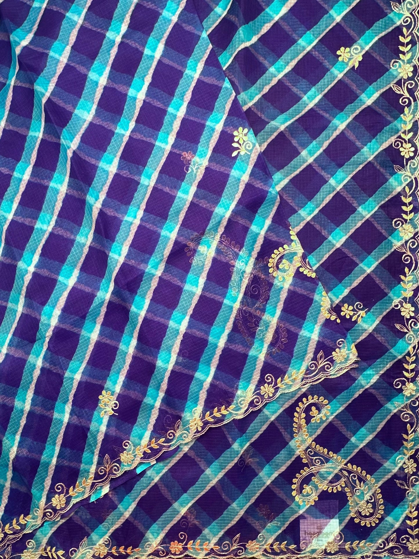 Royal Blue-Firozi Kyra Leheriya Kota Doria Pure Silk Saree With Gota Patti Work