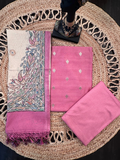 Pink Chanderi 3-Piece Unstitched Suit With Madhubani Dupatta