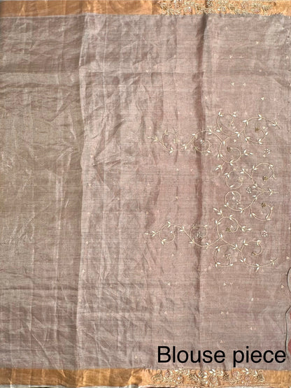 Dusky Pink- Silver Tissue Silk Saree with Hand Work