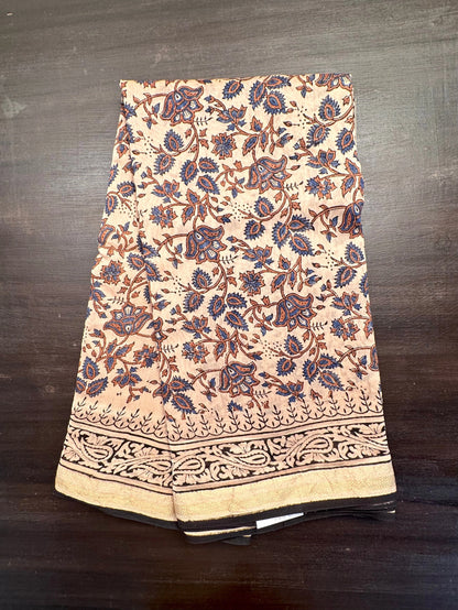 Beige-Blue Chanderi Saree with Hand Block Print