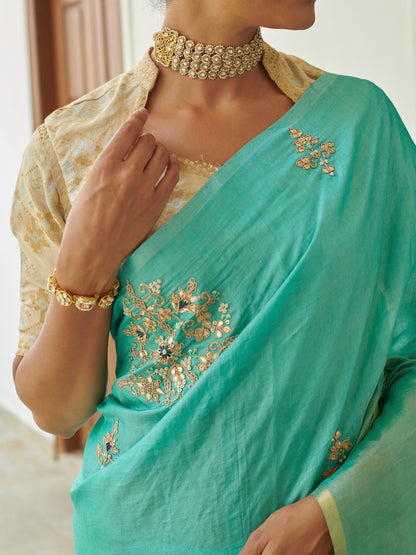 Firozi Tussar Saree With Zari Work