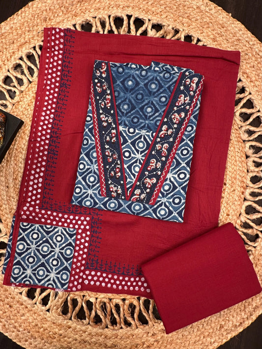 Indigo Blue Jaipuri Cotton 3-Piece Suit