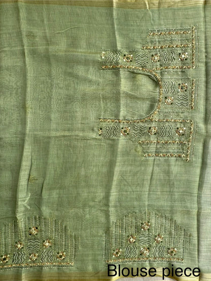 Green Blended Cotton Saree with Hand Embroidery