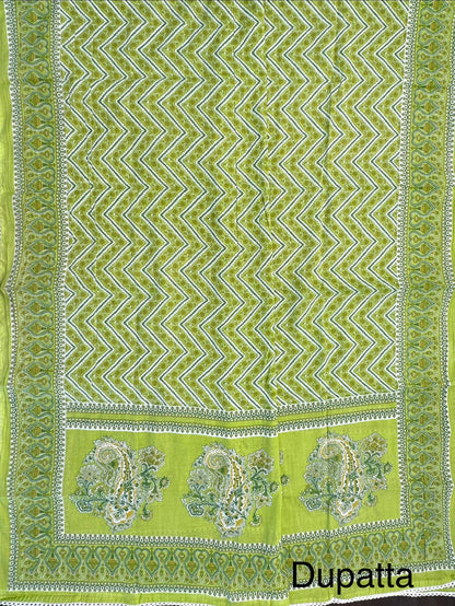 Green Angrakha Printed Cotton 3-Piece Suit