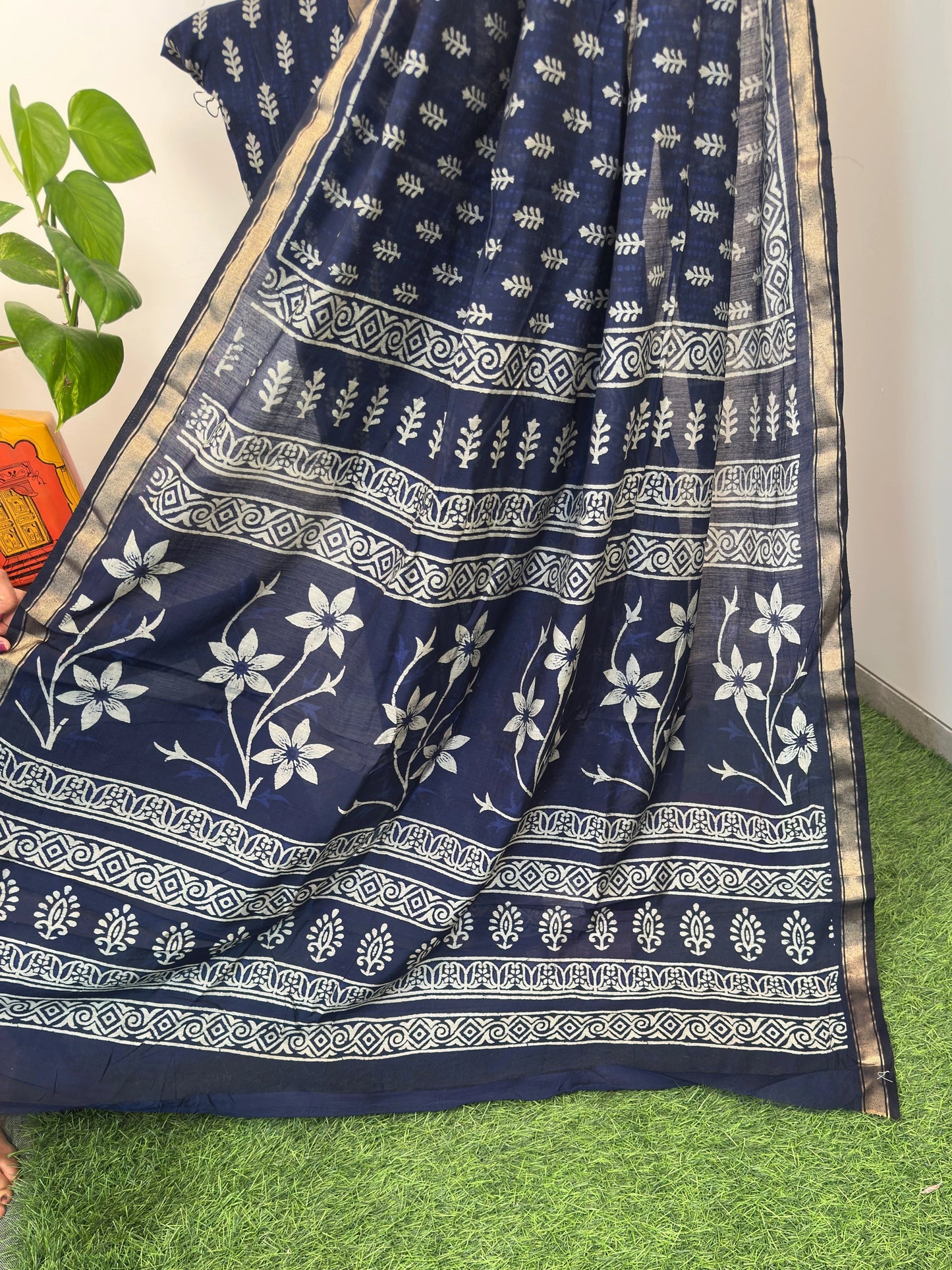 Indigo Blue Printed Cotton Blend Saree