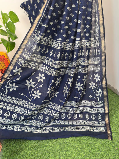 Indigo Blue Printed Cotton Blend Saree