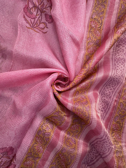 Pink Hand Block-Print Pure Kota Doria Silk Saree