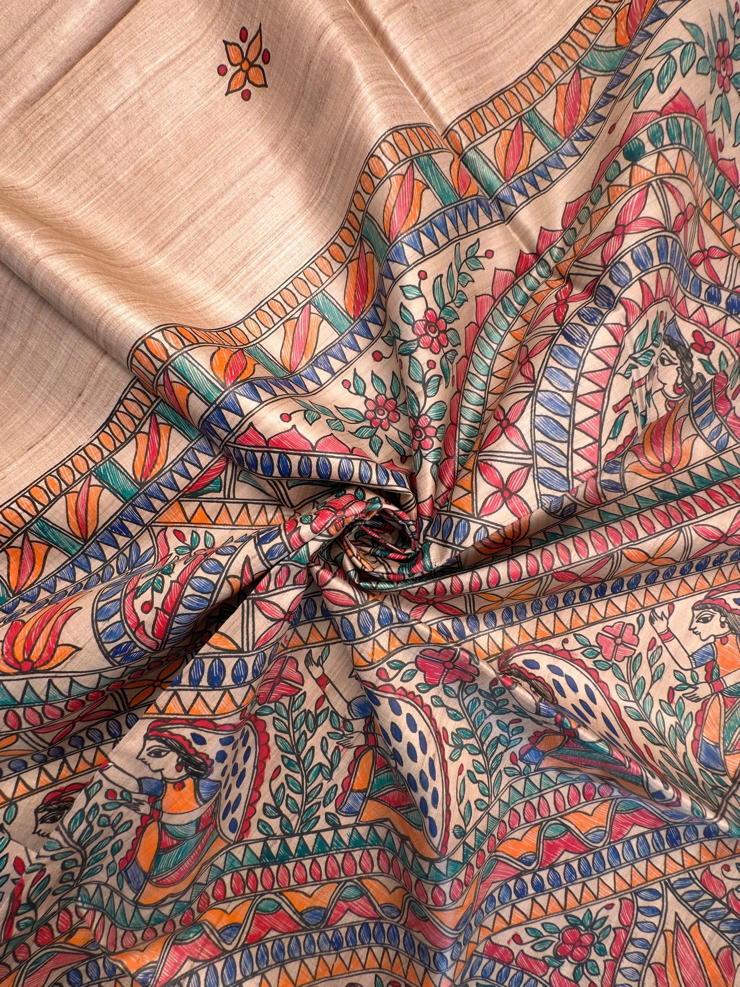 Beige Madhubani Art Pure Tussar Silk Saree
