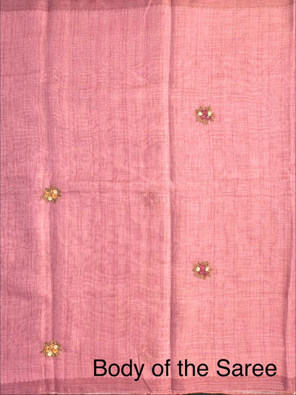 Dusky Pink Blended Cotton Saree with Hand Embroidery