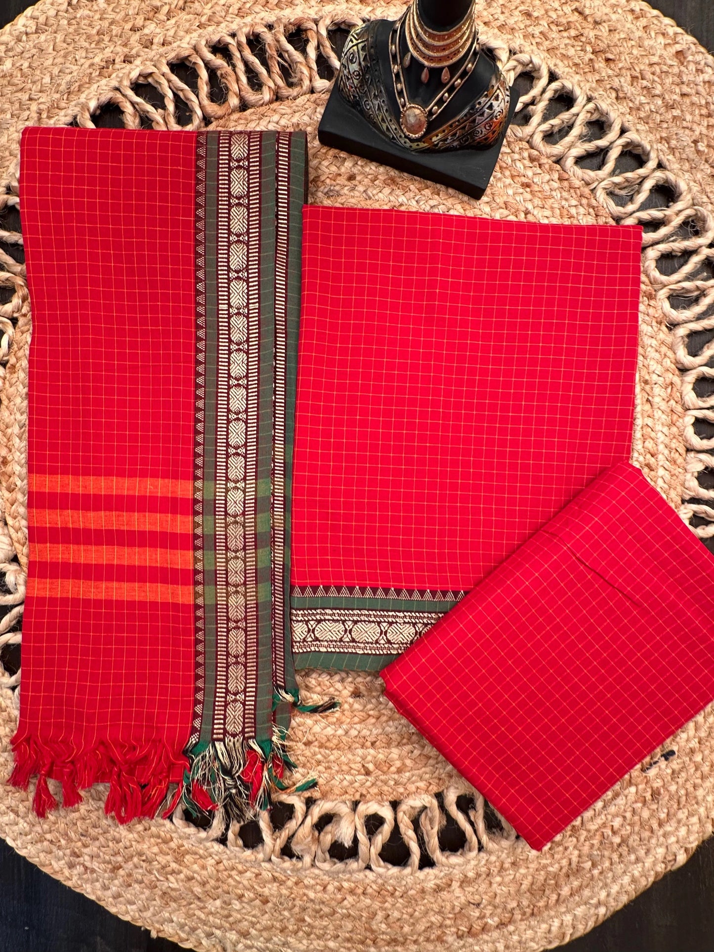 Red Checkered Dharwad South Cotton 3-Piece Suit