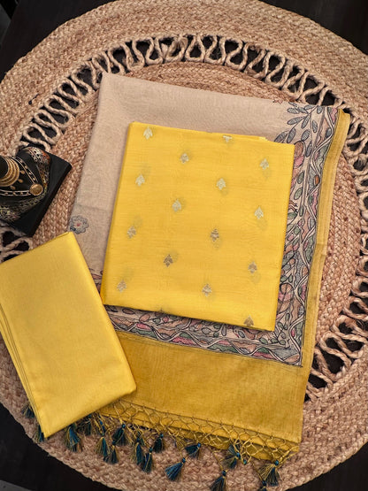 Yellow Chanderi 3-Piece Unstitched Suit with Madhubani Dupatta