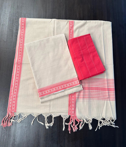 Beige-Pink Mangalgiri Cotton Unstitched 3-Piece Suit