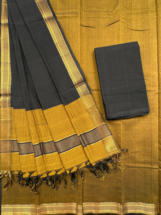 Mustard-Black Mangalgiri Pure Cotton Unstitched 3-Piece Suit