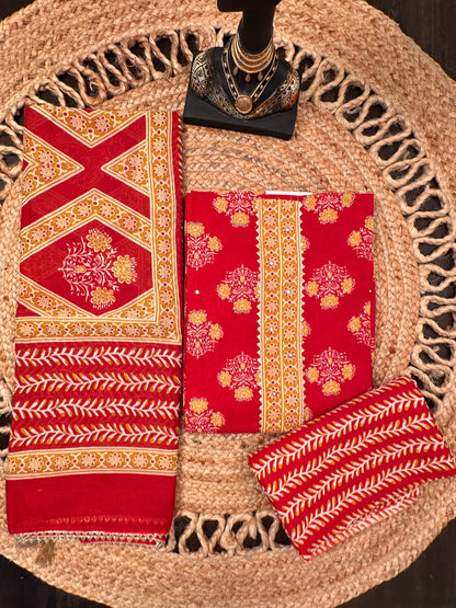 Red Jaipuri Necktie Cotton 3-Piece Suit
