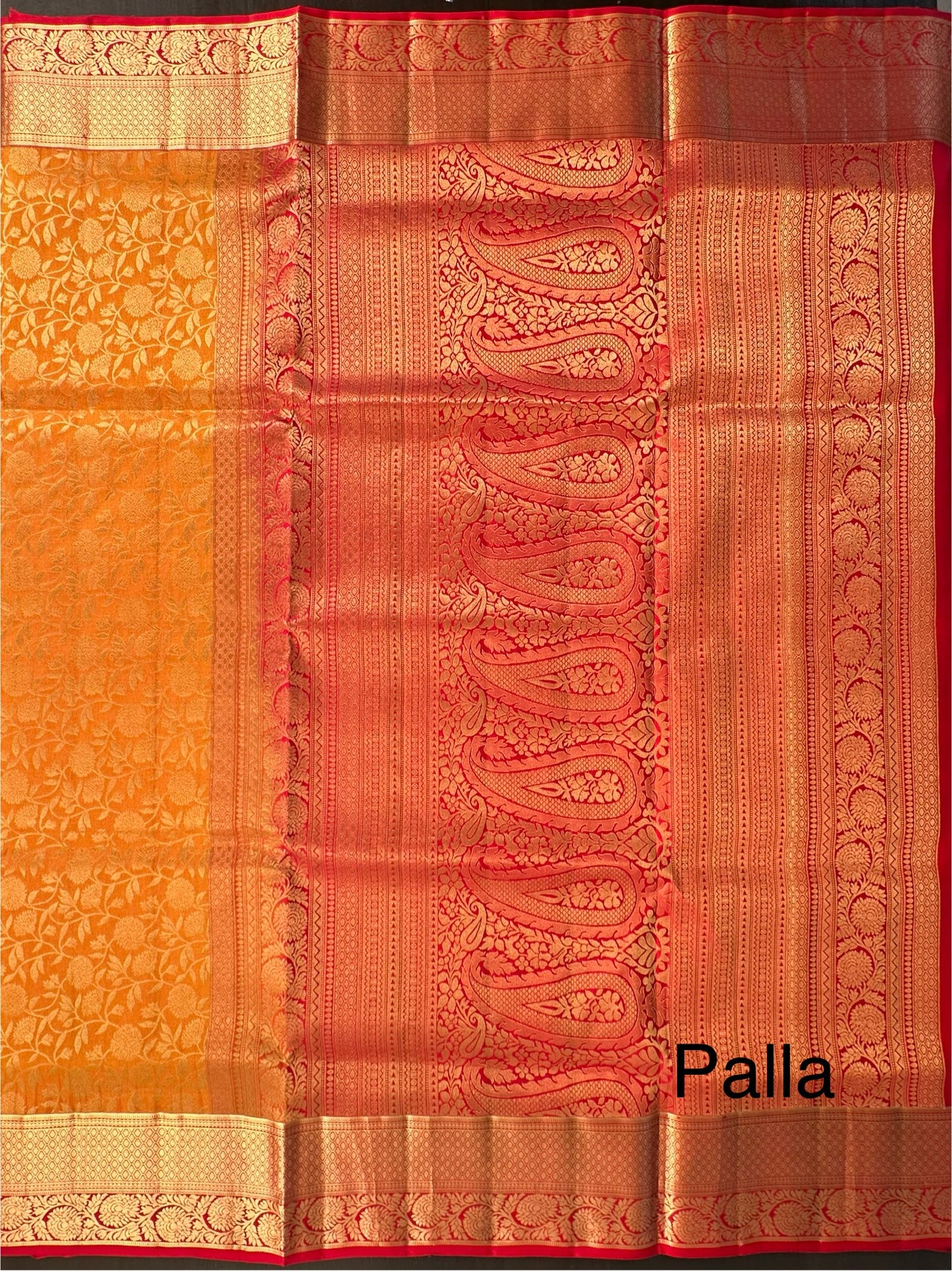 Mustard-Red Handloom Kanjivaram Jamawar Pure Silk Saree