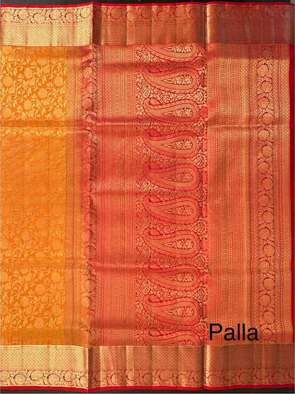 Mustard-Red Handloom Kanjivaram Jamawar Pure Silk Saree