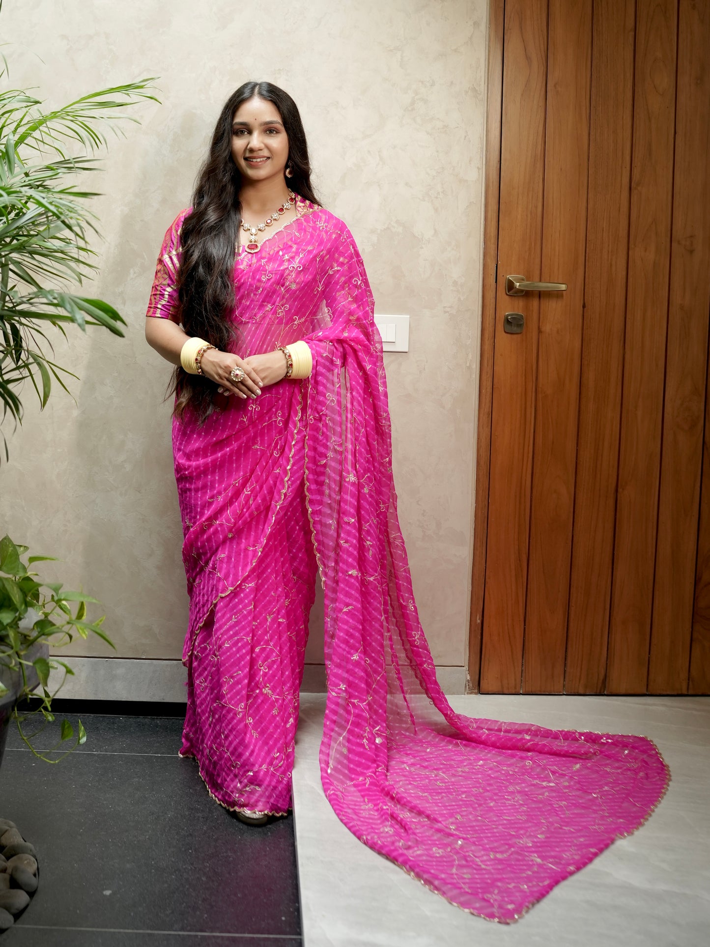 Rani Pink Pure Georgette Motra Saree With Aari Work