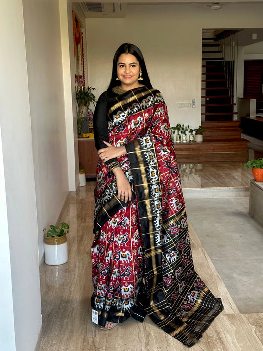 Maroon-Black Patola Pure Silk Saree