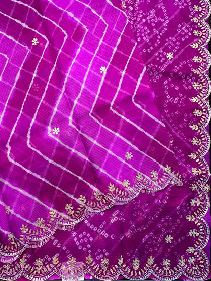 Purple Maitreyi Leheriya-Bandhej Kota Doria Pure Silk Saree With Gota Patti Work