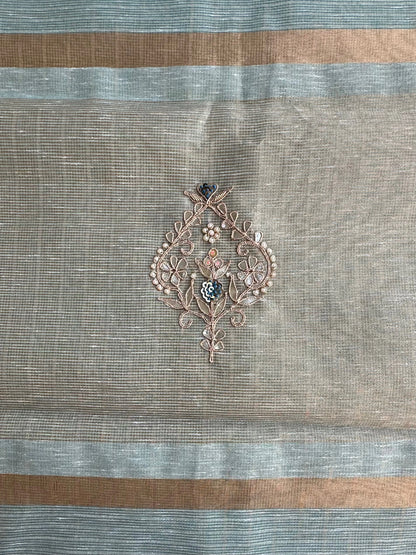 Sea Green Fancy Zari Cotton Saree With Hand Work