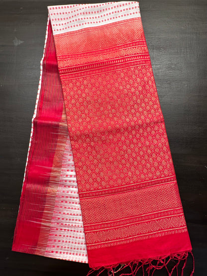 Off White-Red Pure Handloom Soft Silk Saree
