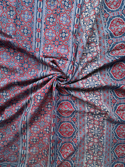 Navy Blue Ajrakh Print Cotton Blend Saree
