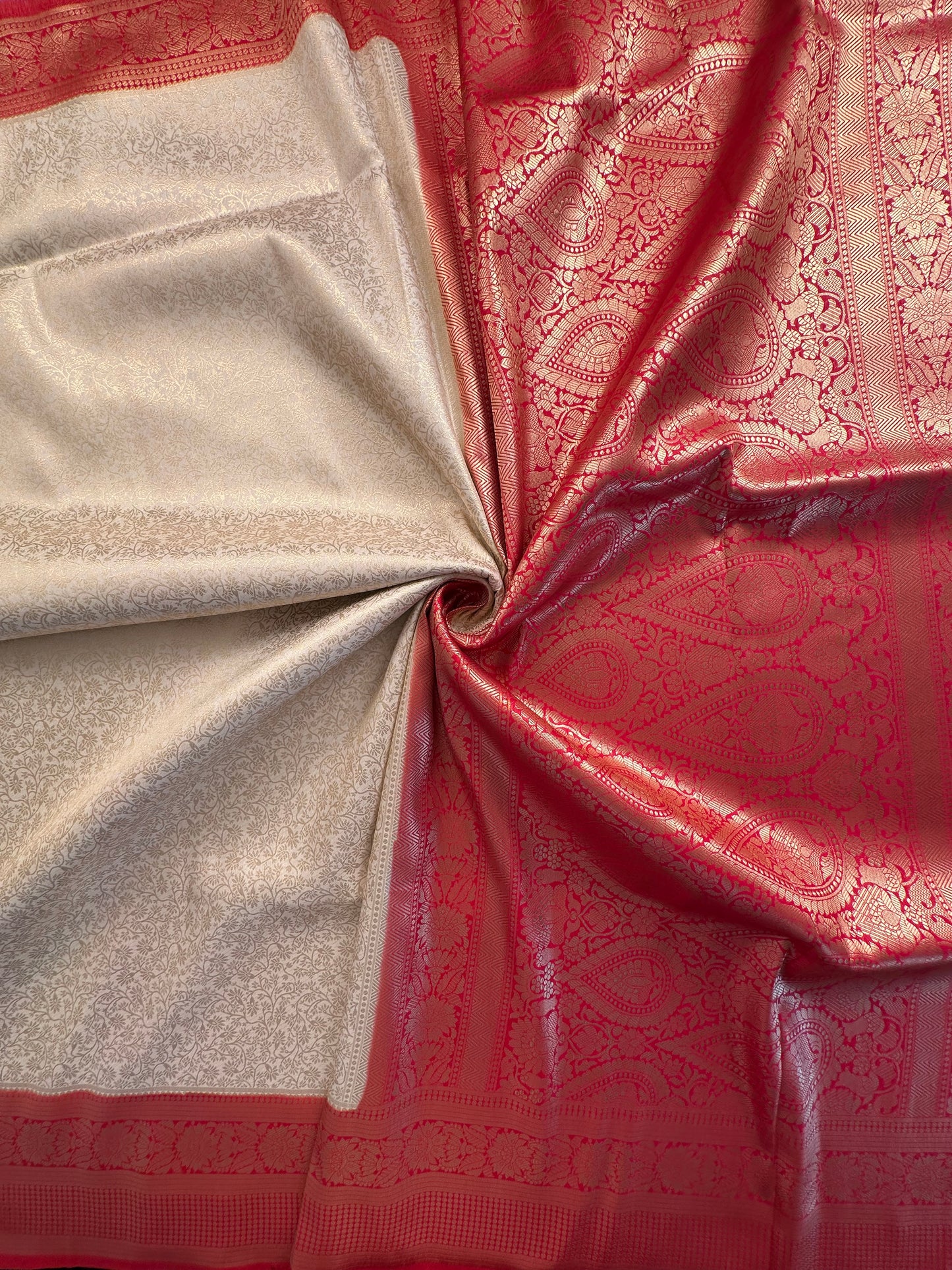 Cream-Red Blended Jamawar Saree