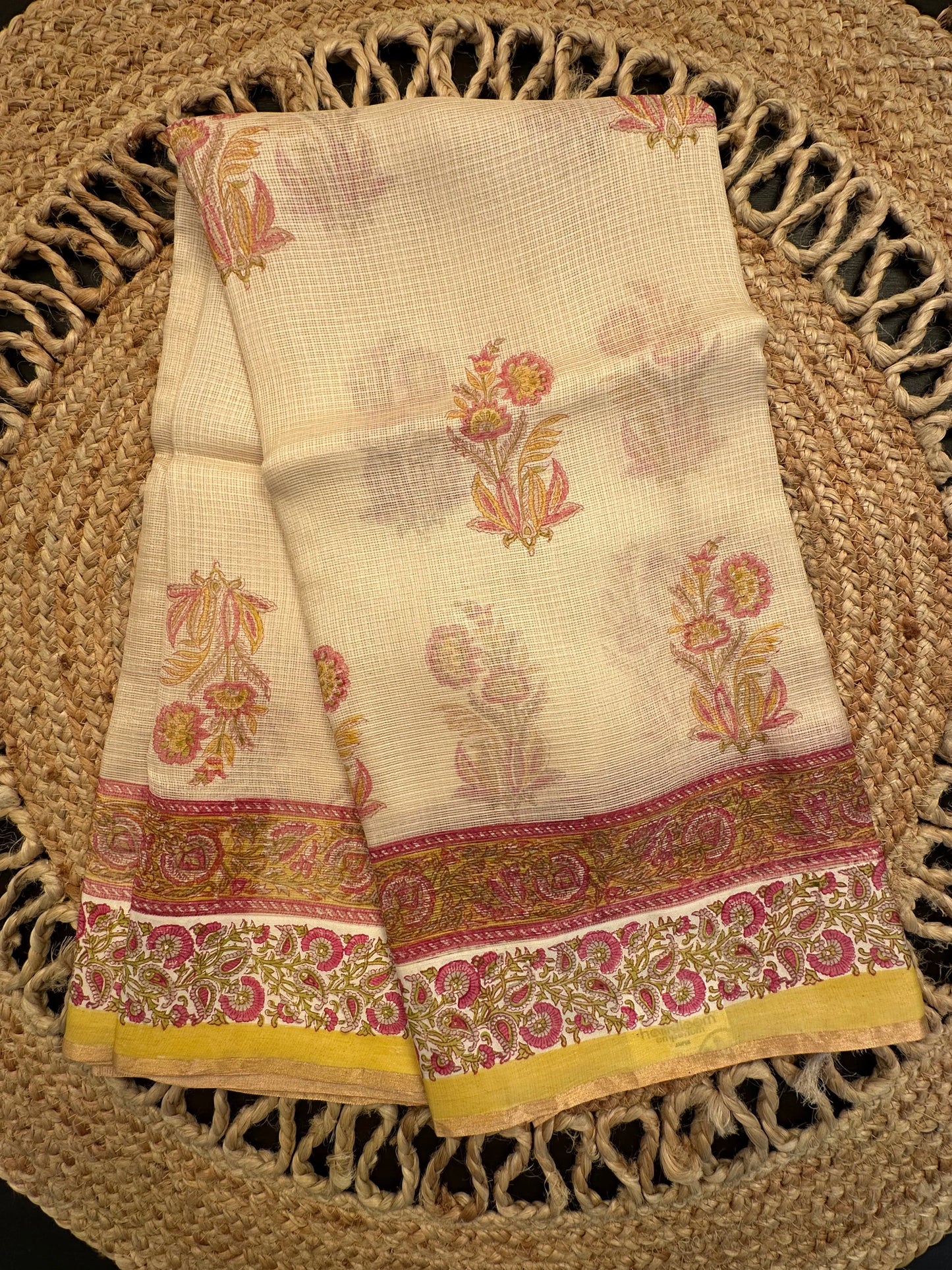 Pale Beige Hand Block-Print Kota Doria Pure Silk Saree