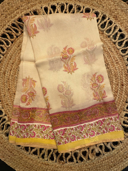 Pale Beige Hand Block-Print Kota Doria Pure Silk Saree
