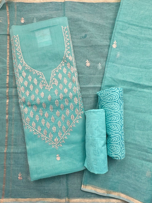 Sea Green 4-Piece Kota Doria Cotton Unstitched Suit