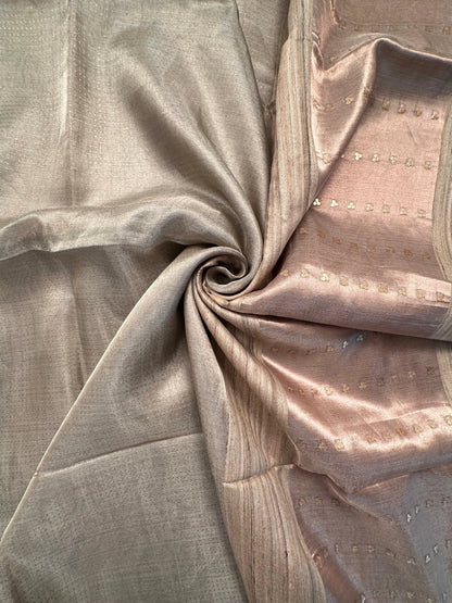 Silver-Light Rose Gold Emboss Tissue Saree