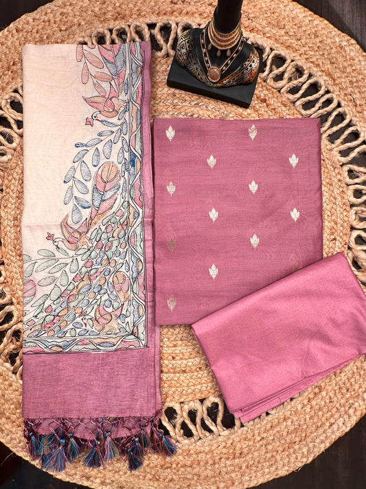 Dusky Pink Chanderi 3-Piece Unstitched Suit with Madhubani Dupatta